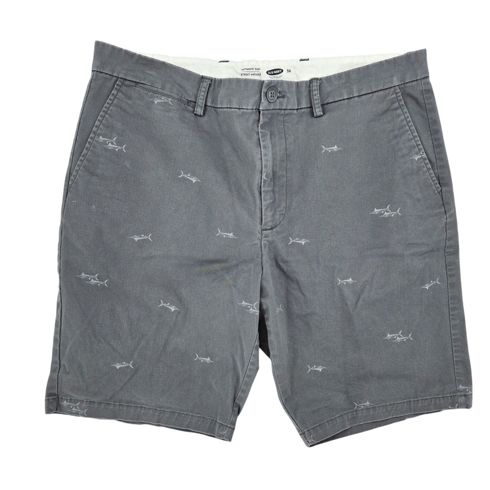 Old Navy‎ 36 Ultimate Slim Chino Shorts Mens Grey Marlin Fish Print Nautical